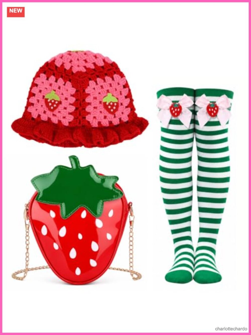 Strawberry Costume Accessory Set Crochet Beret Bag Thigh High Socks
